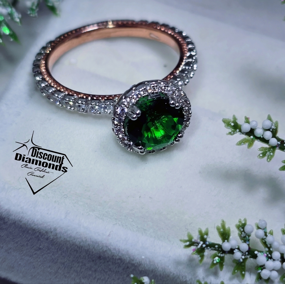Round Cut Halo Emerald & White Baguette Diamond 14K Rose Gold on 925 Silver - Picture 6 of 9